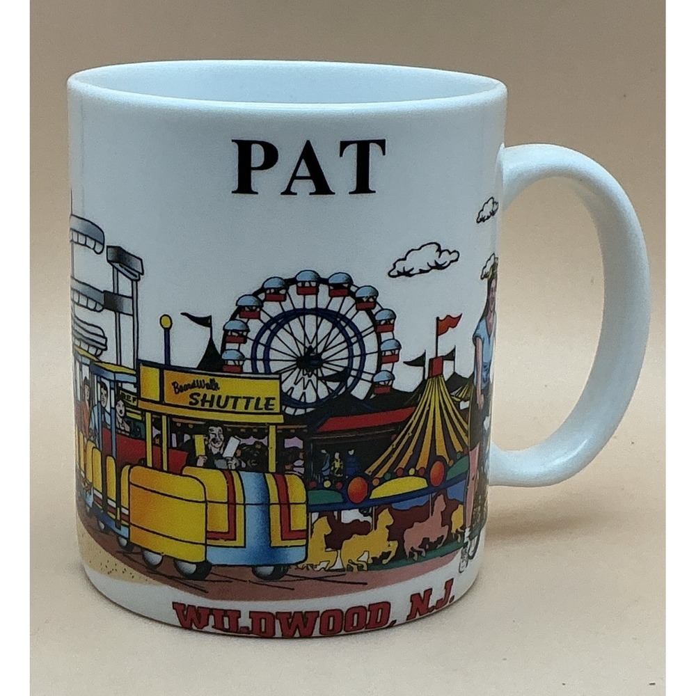 Vintage Wildwood NJ Boardwalk Souvenir Coffee Mug Ferris Wheel Tramcar "Pat"
